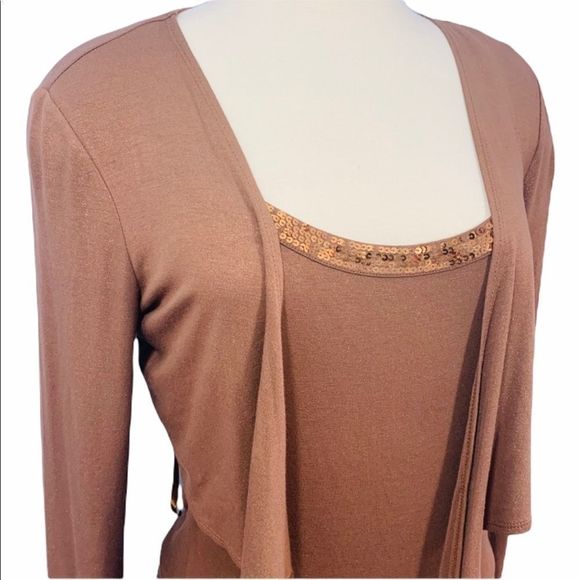 EUC INC Cardigan Set Brown Sequins Trim Petite Small - Picture 5 of 7